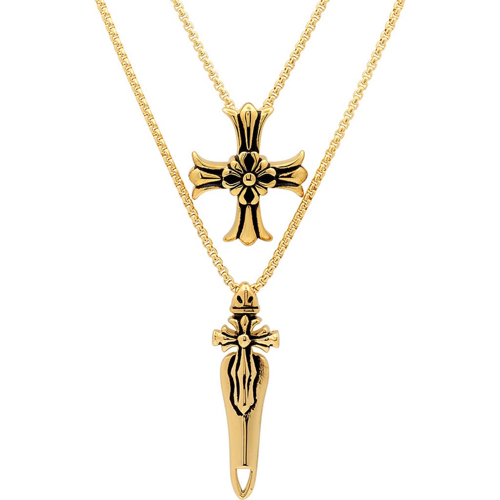 Steeltime 18k Gold Plated Stainless Steel Cross Pendant Layered Necklace