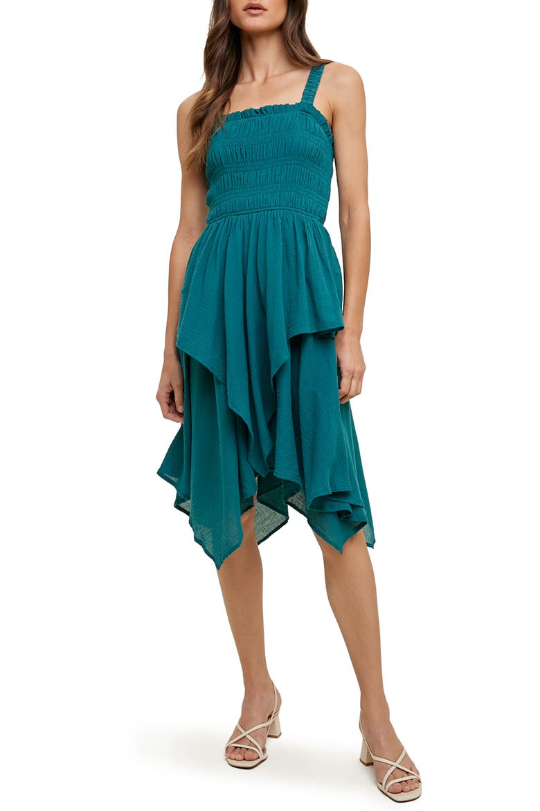 Smocked Handkerchief Hem Minidress, Main, color, TEAL