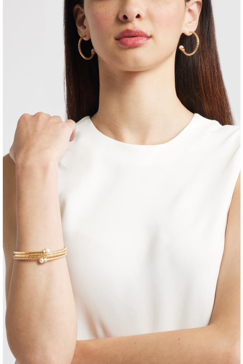 Faux Pearl Capped Hoop Earrings, Alternate, color, WHITE- GOLD