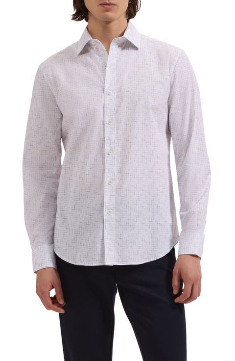 Axel Shaped Fit Crosshatch Print Cotton Button-Up Shirt