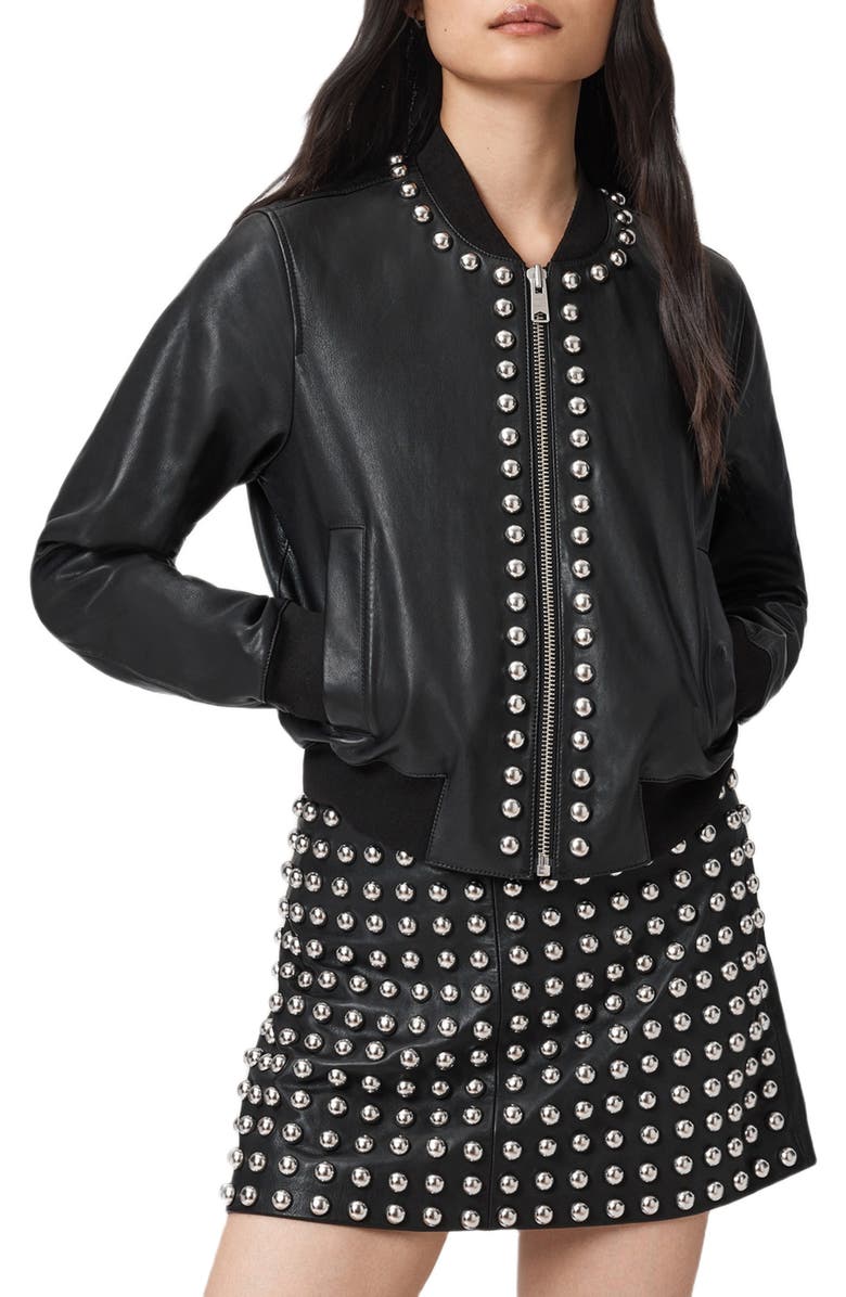 AllSaints Orten Wilder Studded Leather Bomber Jacket, Main, color, Black