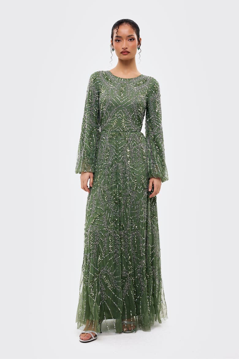 Modest Embellished Sequins A Line Maxi Gown, Main, color, DARK GREEN