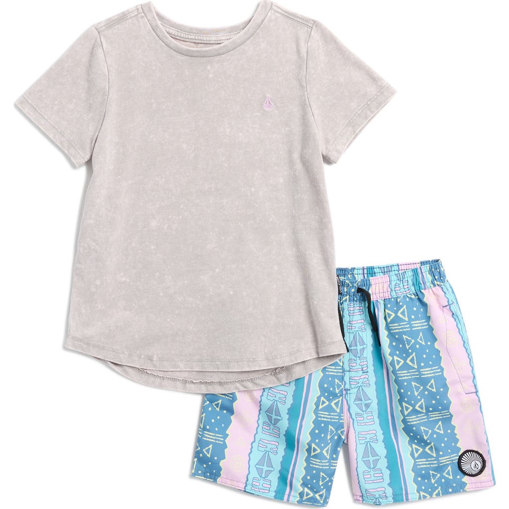 Shop Volcom Kids' Rashguard Top & Swim Shorts Set In Grey Wash