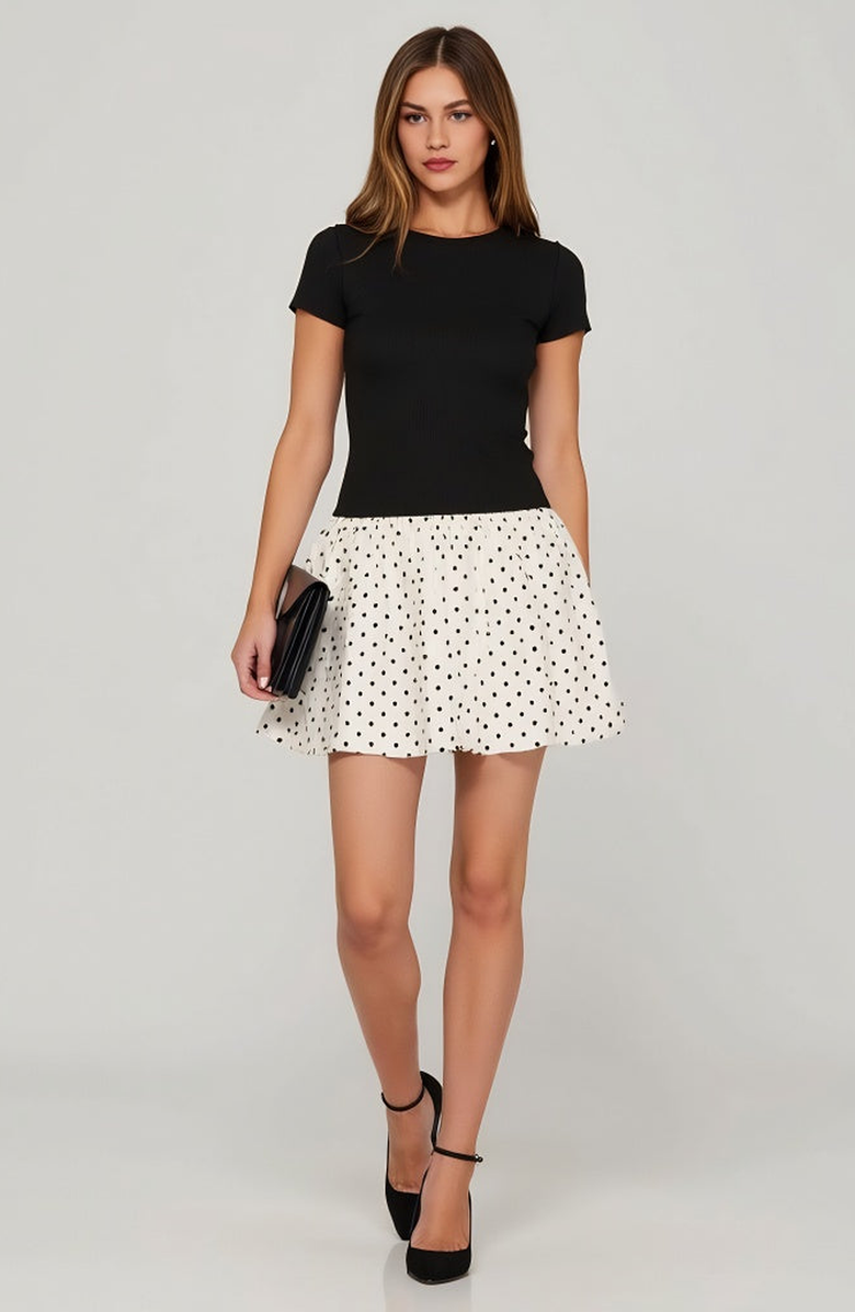 Modenaire Fitted Knit Bodice Short Sleeve Dress with Polka Dot Bubble Skirt, Alternate, color, Black / White