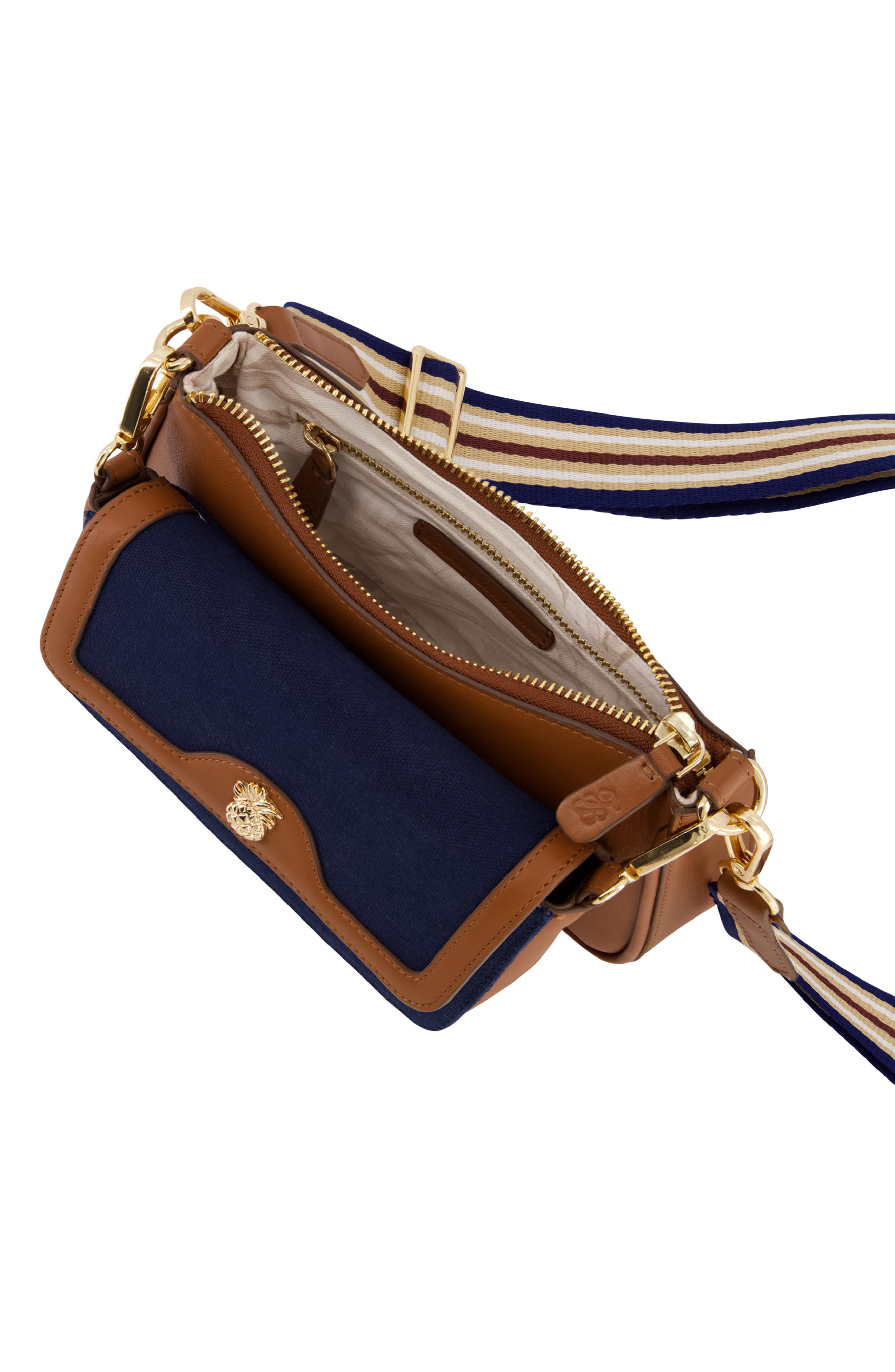 Tommy Bahama Canvas & Leather Trim Double Crossbody Bag, Alternate, color, Navy/ Tan