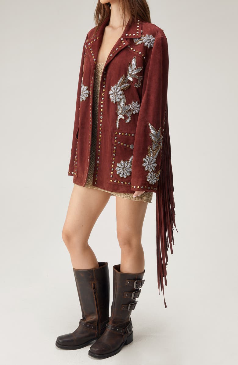 NASTY GAL Embellished Fringe Trim Suede Jacket, Alternate, color, 