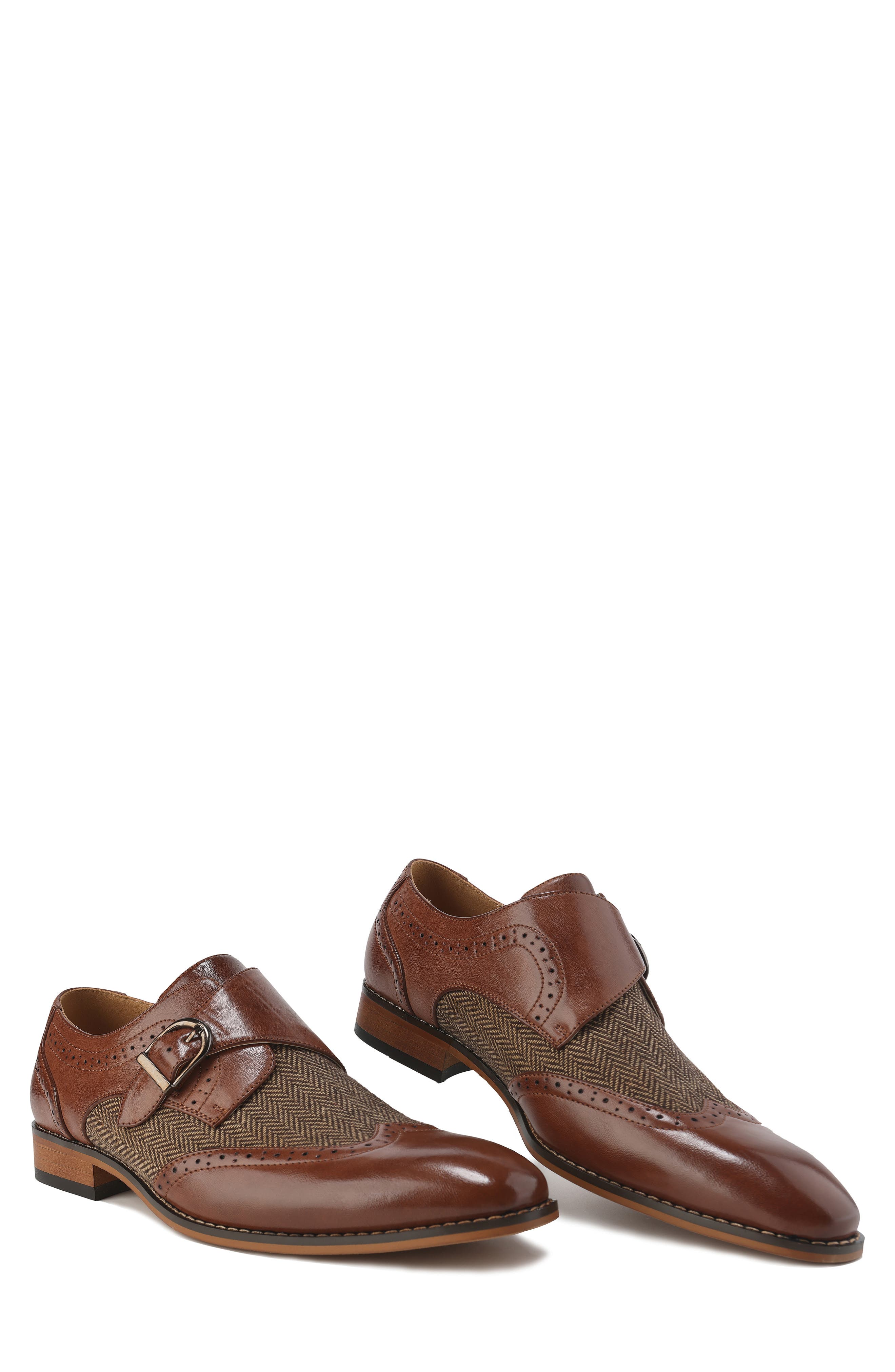 Monk Strap Herringbone Dress Shoe, Alternate, color, BROWN