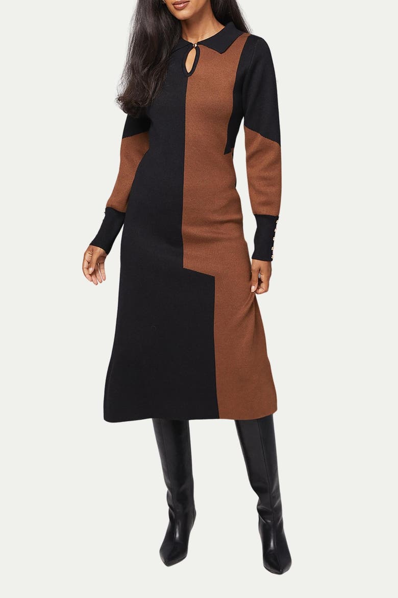 Colour Block Collared Knitted Dress, Alternate, color, Black