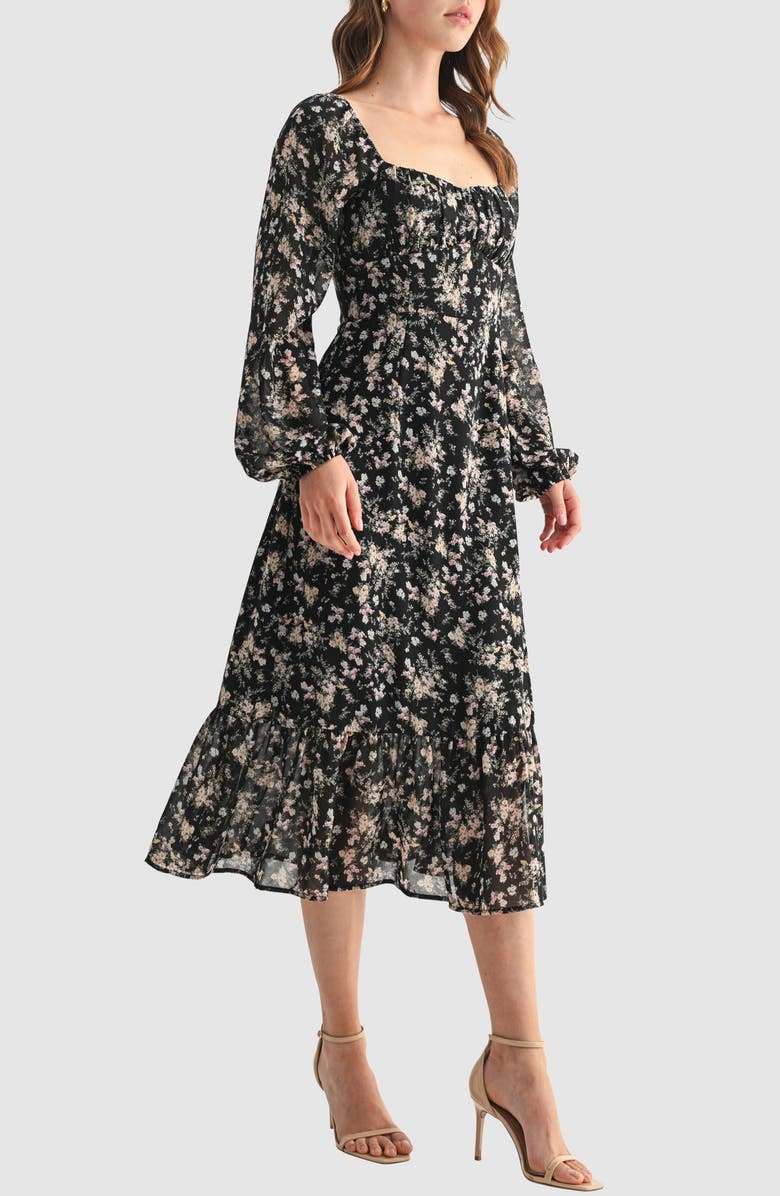All in Favor Floral Long Sleeve Ruffle Hem Midi Dress, Alternate, color, Black Pink Floral