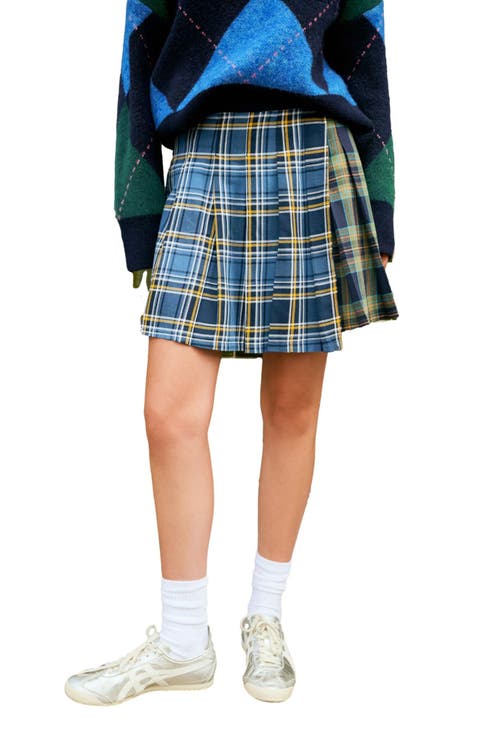 Mixed Plaid Pleated Cotton Faux Wrap Miniskirt