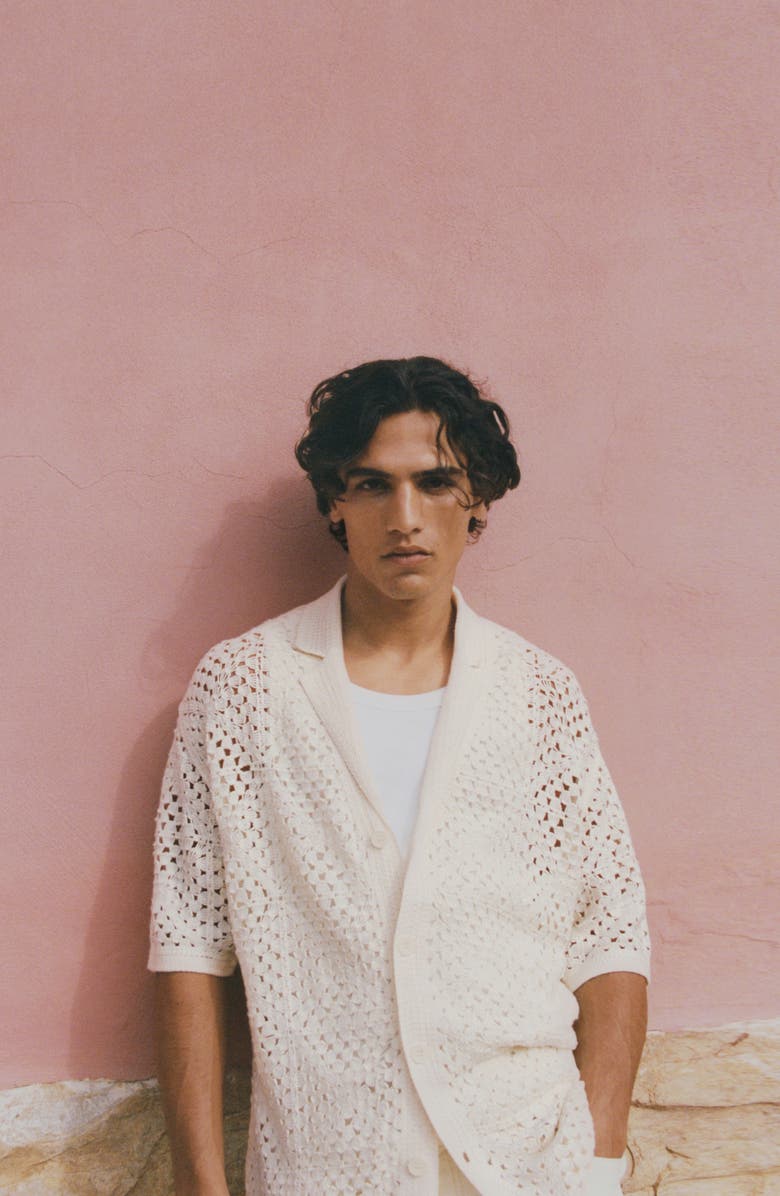 MANGO Cotton Blend Crochet Camp Shirt, Alternate, color, Ivory White