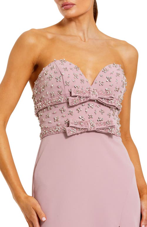 Mac Duggal Strapless Crepe Fitted Gown With Rhinestones In Dusty Rose