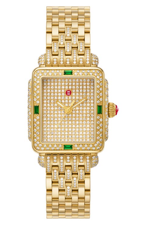 Deco Mid Diamond Pavé & Tsavorite Bracelet Watch, 29mm x 31mm