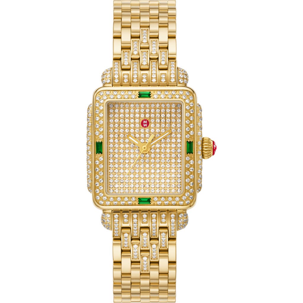 Michele Deco Mid Diamond Pavé & Tsavorite Bracelet Watch, 29mm X 31mm In Gold