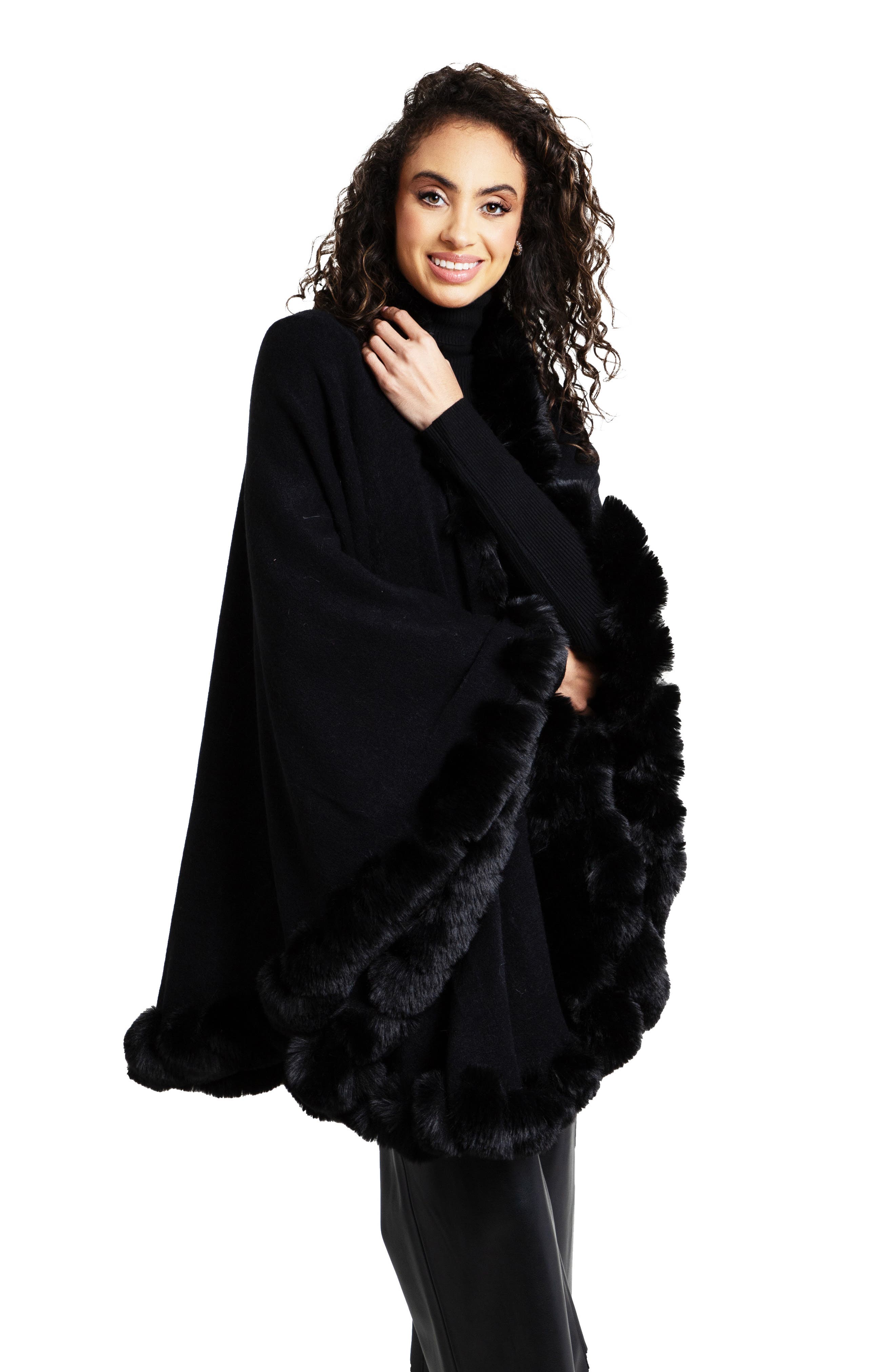 Open-front Cape With Pom Faux Fur Trim