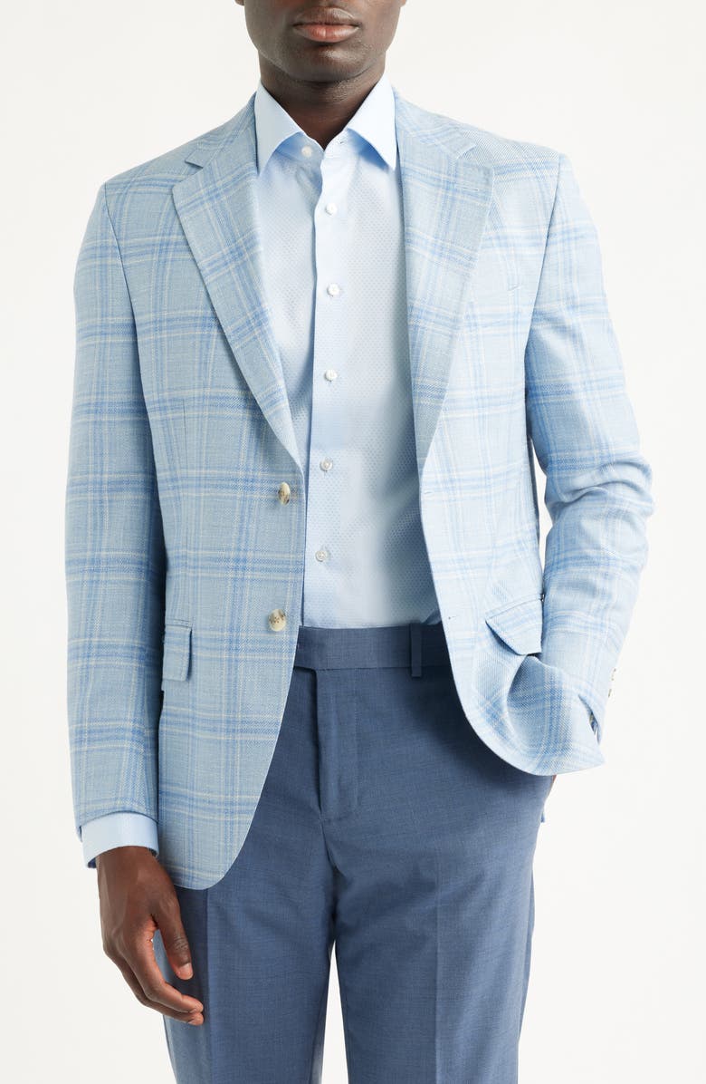 Peter Millar Hyperlight Soft Light Blue Plaid Wool & Silk Blend Sport Coat, Main, color, Light Blue