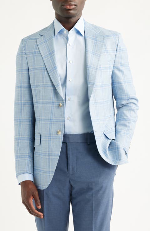 Hyperlight Soft Light Blue Plaid Wool & Silk Blend Sport Coat (Regular & Big)