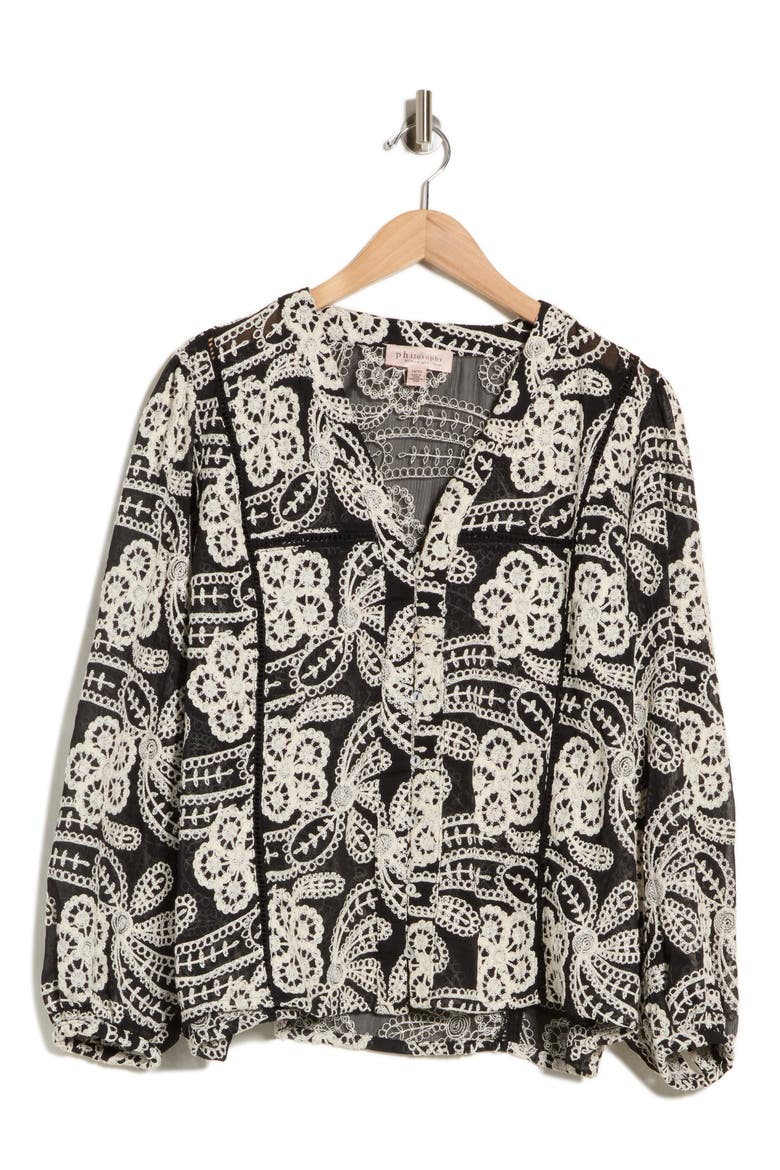 Eyelet Buttoned Top, Main, color, BLACK/ IVORY