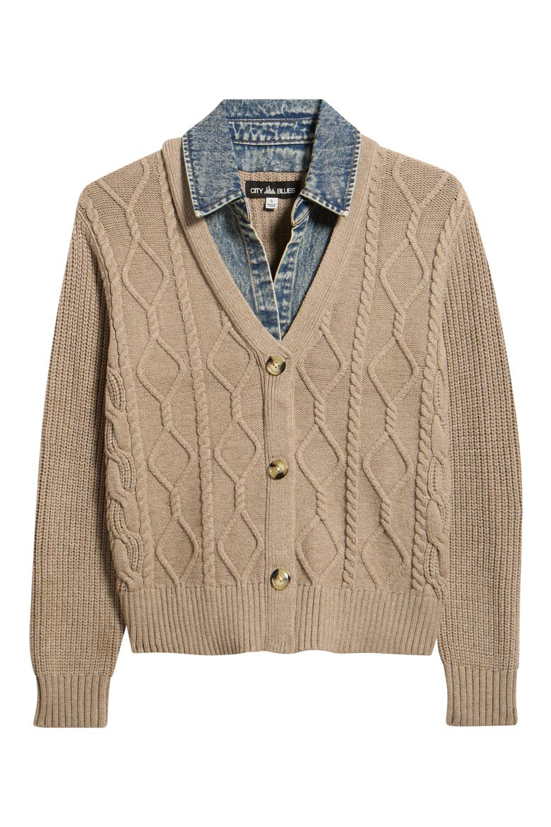 Denim Trim Cable Stitch Cardigan, Alternate, color, TAN