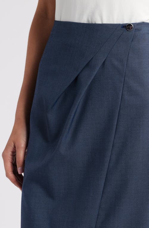 Shop Hugo Boss Boss Velibea Virgin Wool Faux Wrap Midi Skirt In Indigo
