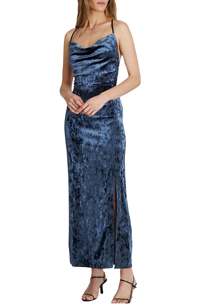 white christmas dresses Blue Crystal and Bead Embellished Sleeveless Velvet Dress – MOISELLE main image 0