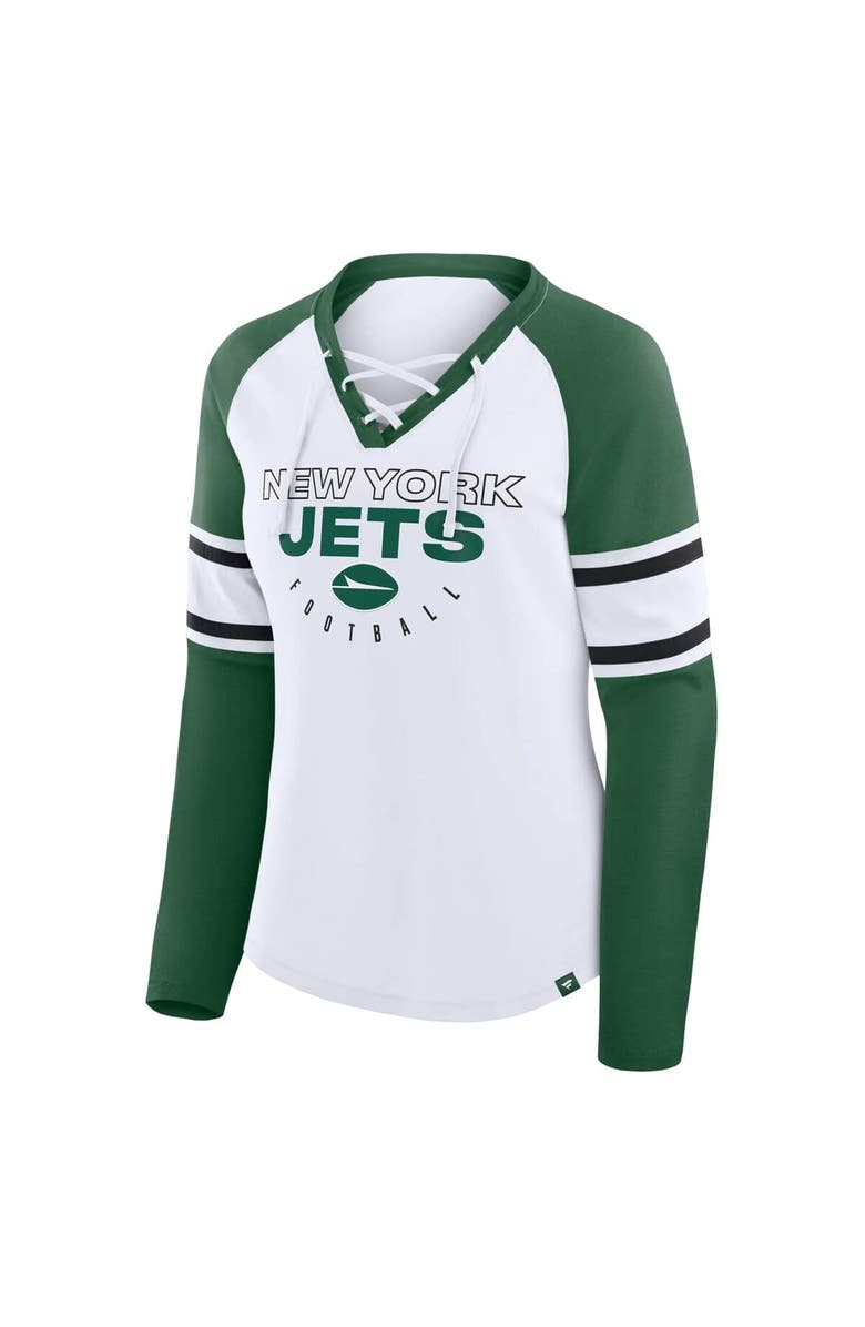 FANATICS Women
s Fanatics White/Green New York Jets Redzone Blitz Package Raglan Lace-Up V-Neck Long Sleeve T-Shirt, Alternate, color, White