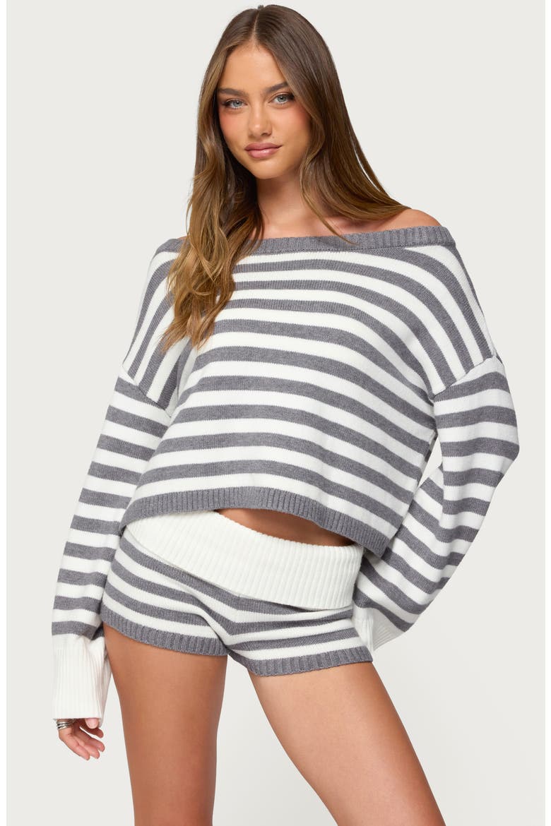 Saphi Stripe Off the Shoulder Sweater, Alternate, color, GRAY-AND-WHITE