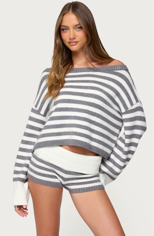 Edikted Saphi Stripe Off The Shoulder Sweater In Gray