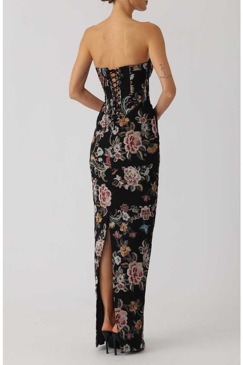 Maren Strapless Floral Jacquard Cotton Blend Column Gown, Alternate, color, BLACK MULTI