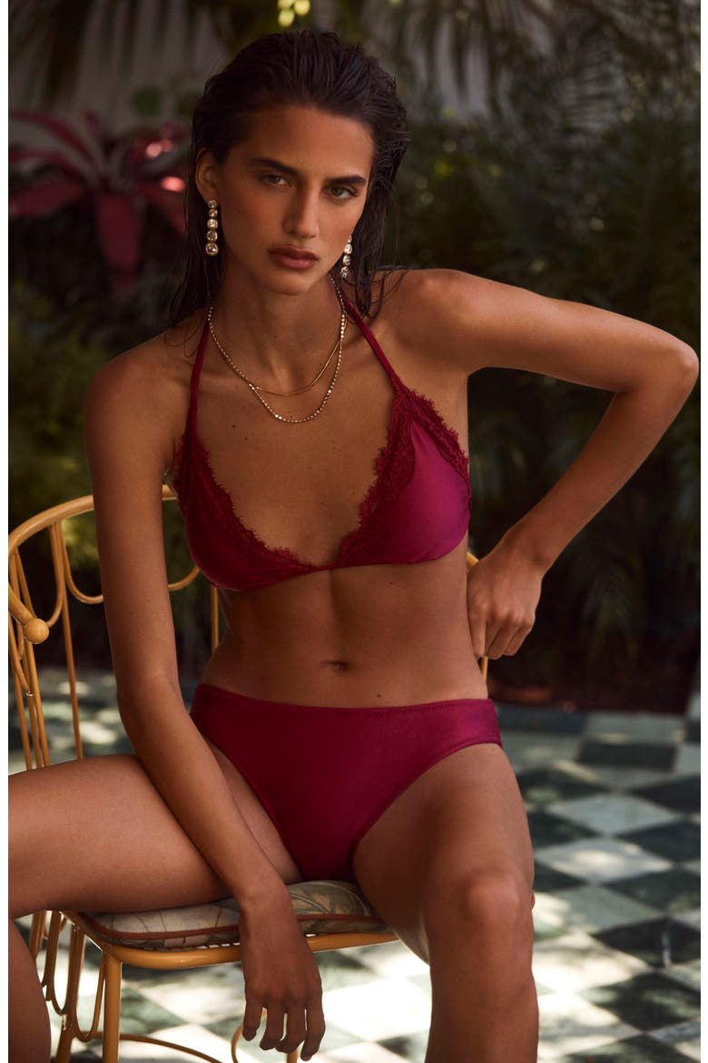 Annabelle Lace Trim Triangle Bikini Top, Alternate, color, BLACK CHERRY
