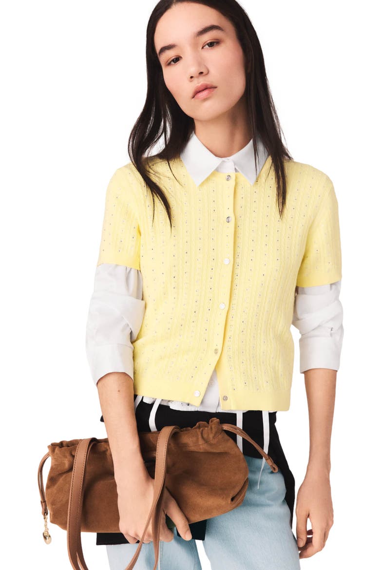 Cardigan with rhinestone neck, Main, color, Yellow