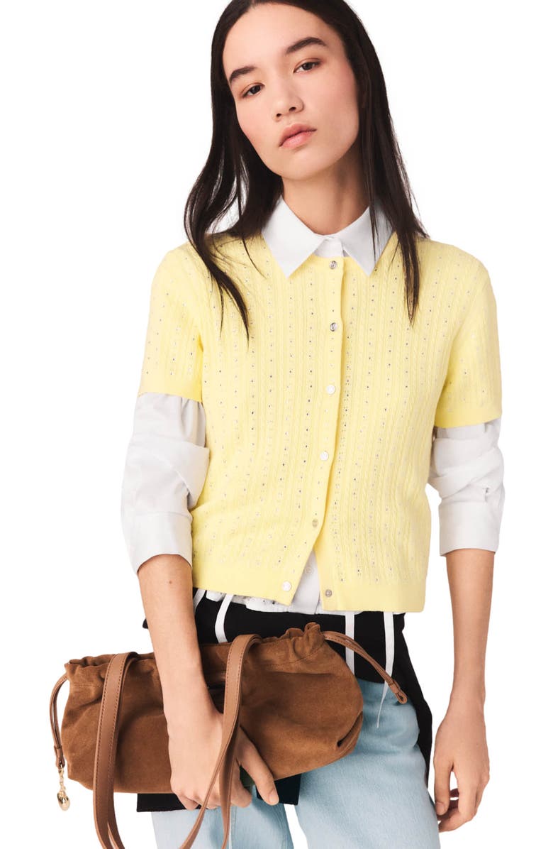 maje Cardigan with rhinestone neck, Main, color, Yellow