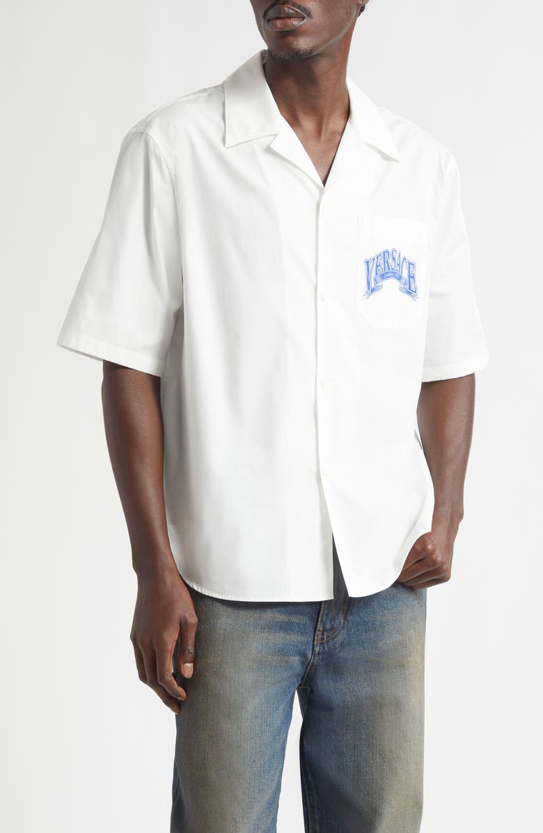 Versace Medusa Logo Cotton Poplin Camp Shirt, Main, color, White Print
