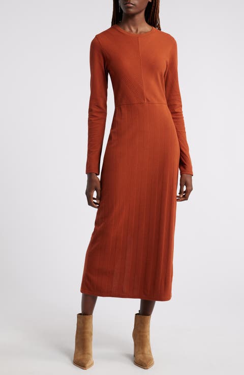 Directional Rib Long Sleeve Cotton Blend Knit Dress