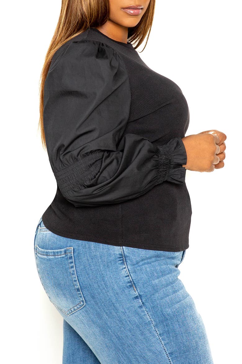 Mixed Media Balloon Sleeve Blouse, Alternate, color, BLACK