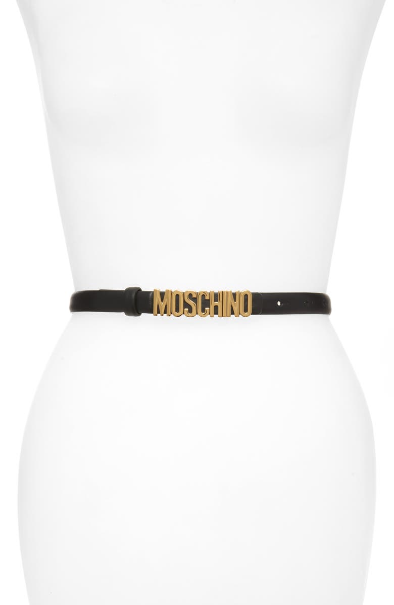 Moschino Logo Plaque Skinny Leather Belt, Main, color, 