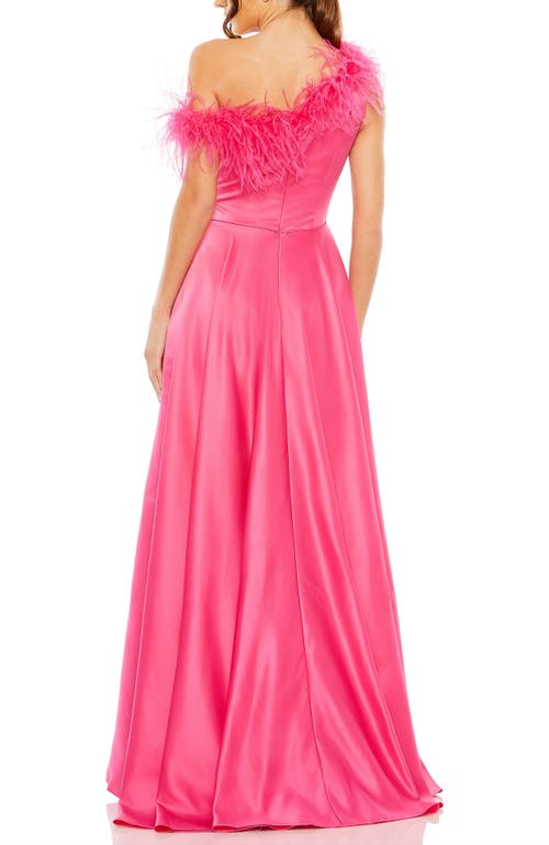 Mac Duggal One Shoulder A Line Gown With Feather Detail In Hot Pink