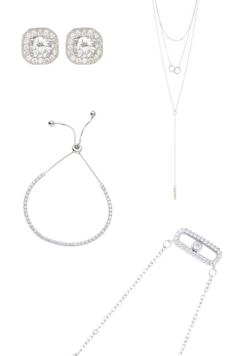 Pendant Lariat Necklaces, Tennis Bracelet & Halo Stud Earrings Set, Main, color, SILVER