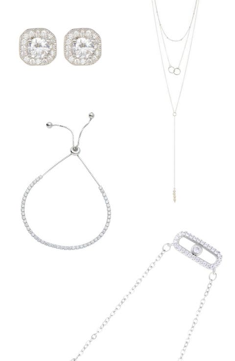 Pendant Lariat Necklaces, Tennis Bracelet & Halo Stud Earrings Set