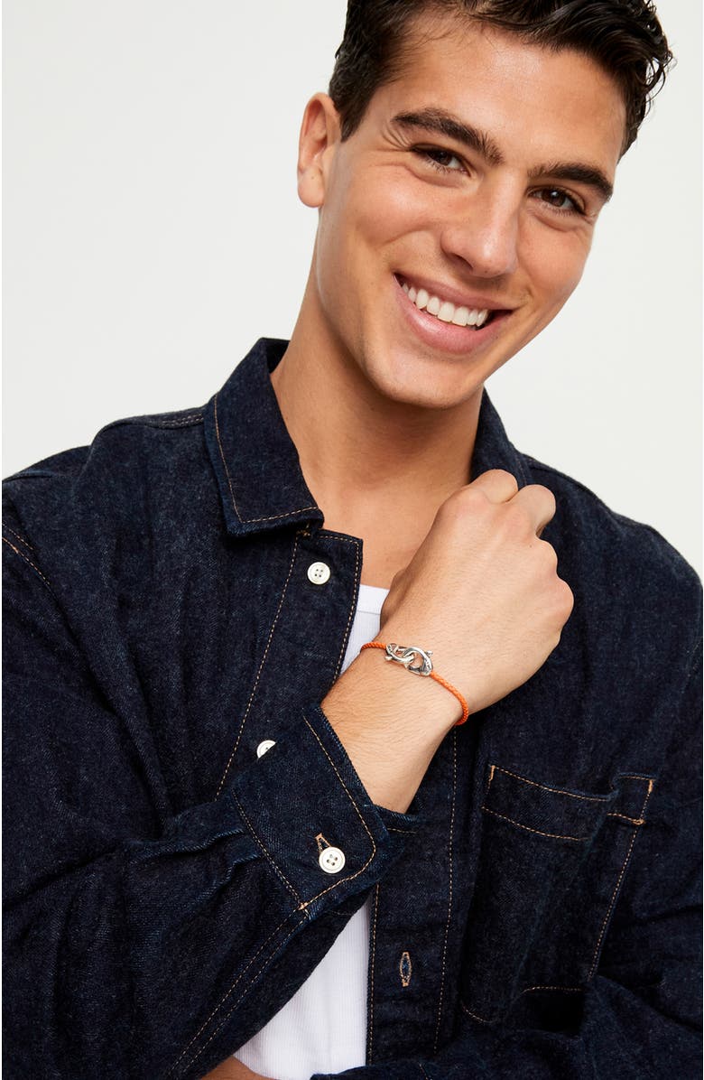 UNODE50 Orange leather strap with sterling silver-plated interlocking carabiner detail, Alternate, color, Silver