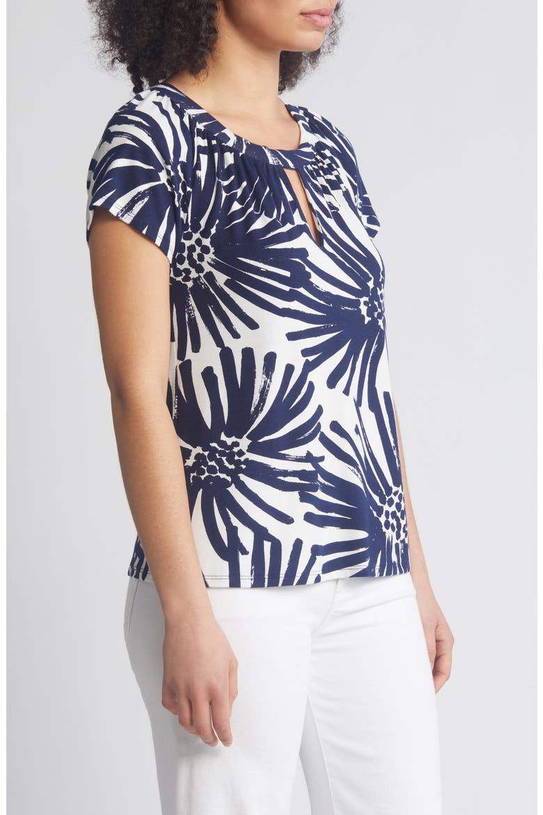 Floral Keyhole Short Sleeve Jersey Top, Alternate, color, NAVY