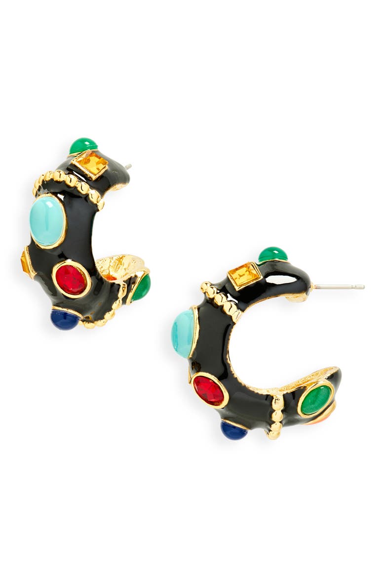 Studded Enamel Hoop Earrings, Main, color, BLACK