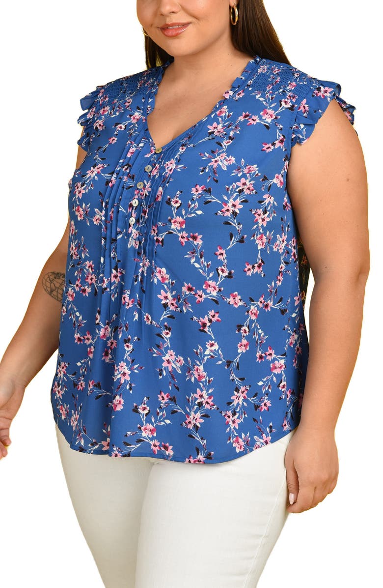 Daniel Rainn Floral Print Pintuck Top, Alternate, color, M535 Blue