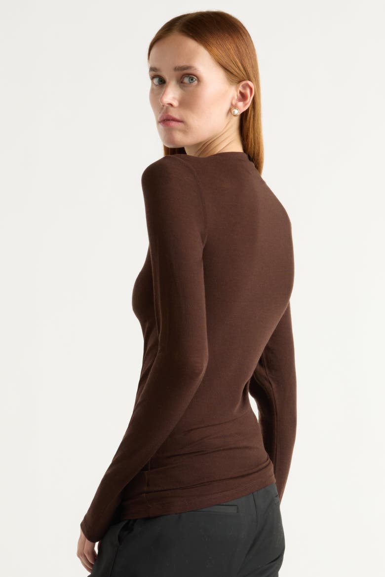 Vittoria Asymmetric-Neck Semi-Sheer Ruched Tee, Alternate, color, Umber