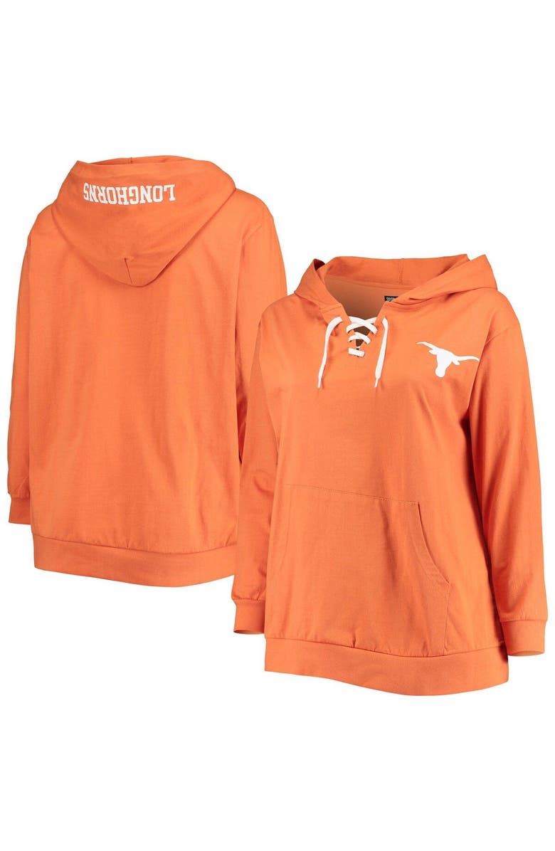 PROFILE Women's Texas Orange Texas Longhorns Plus Size Wordmark V-Neck Lace-Up Pullover Hoodie, Main, color, 