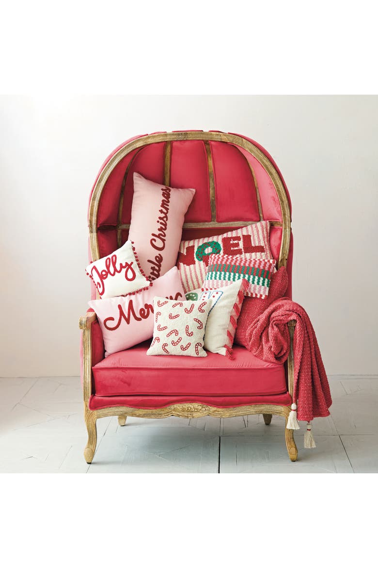 Embroidered Merry Little Christmas Cotton Slub Lumbar Pillow, Main, color, Red and Pink