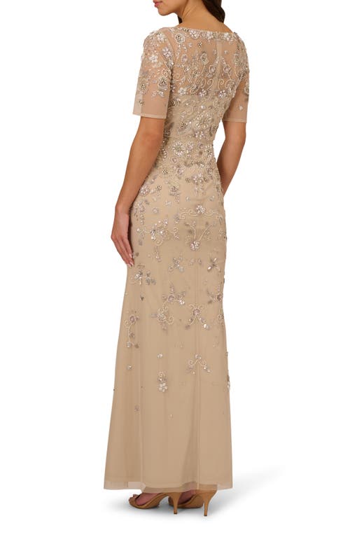 Adrianna Papell Beaded Mesh Gown In Biscotti