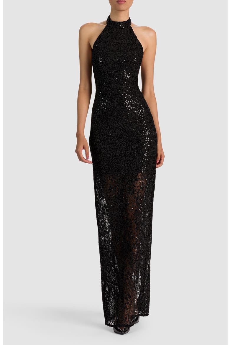 Koi Embellished Lace Halter Gown, Main, color, BLACK