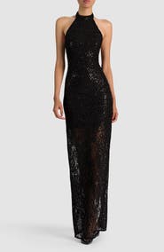 ALICE + OLIVIA Koi Embellished Lace Halter Gown