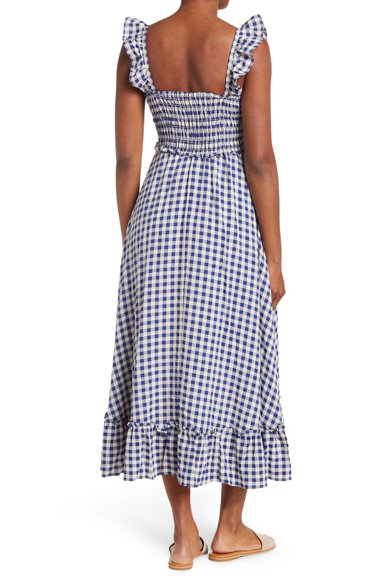 Yarn Dye Ruffle Sleeve Smocked Dress, Alternate, color, INDIGO/ CREAM